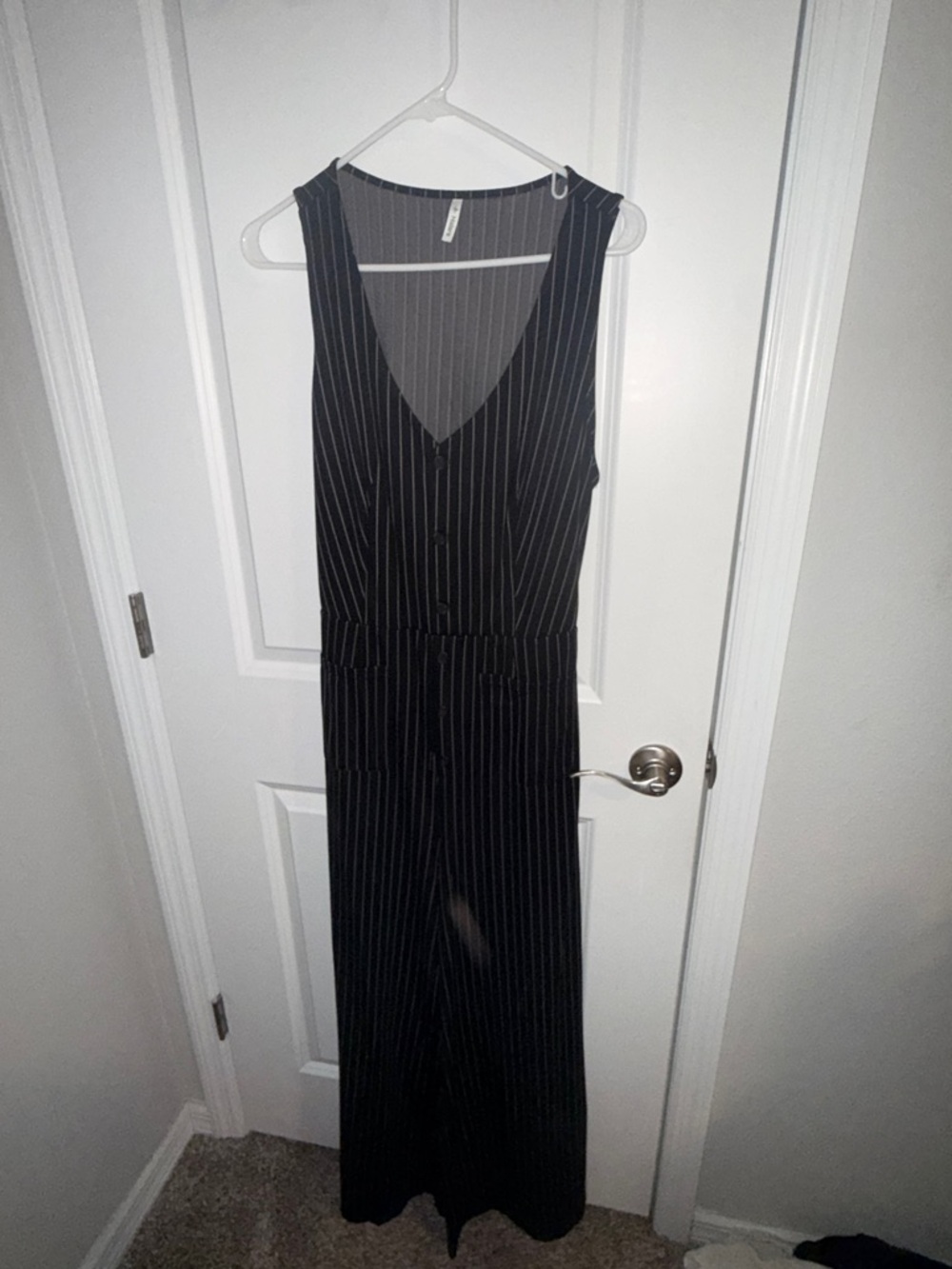 HALARA Black Pinstripe V-Neck Maxi Jumpsuit